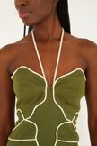 GREEN WAVY TRIM HALTER NECK MINI DRESS