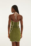 GREEN WAVY TRIM HALTER NECK MINI DRESS