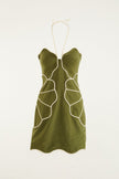 GREEN WAVY TRIM HALTER NECK MINI DRESS