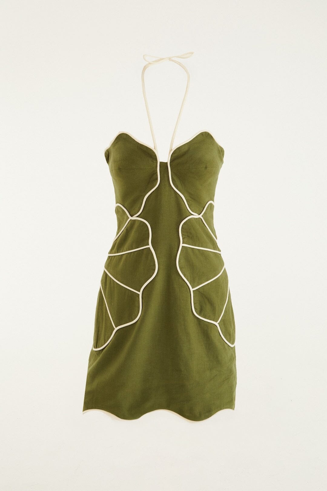 GREEN WAVY TRIM HALTER NECK MINI DRESS