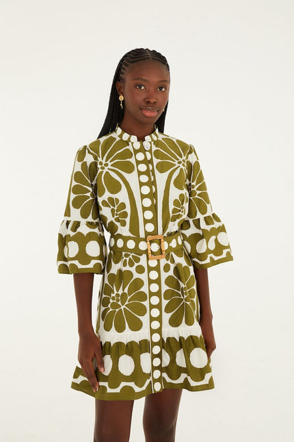 GREEN PALERMO BELTED ORGANIC COTTON MINI DRESS