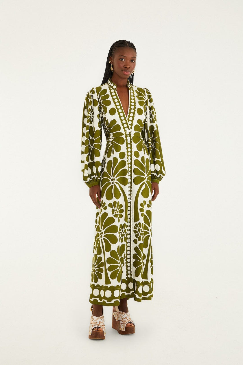 GREEN PALERMO BUTTONED PUFF SLEEVE MAXI DRESS