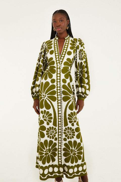 GREEN PALERMO BUTTONED PUFF SLEEVE MAXI DRESS