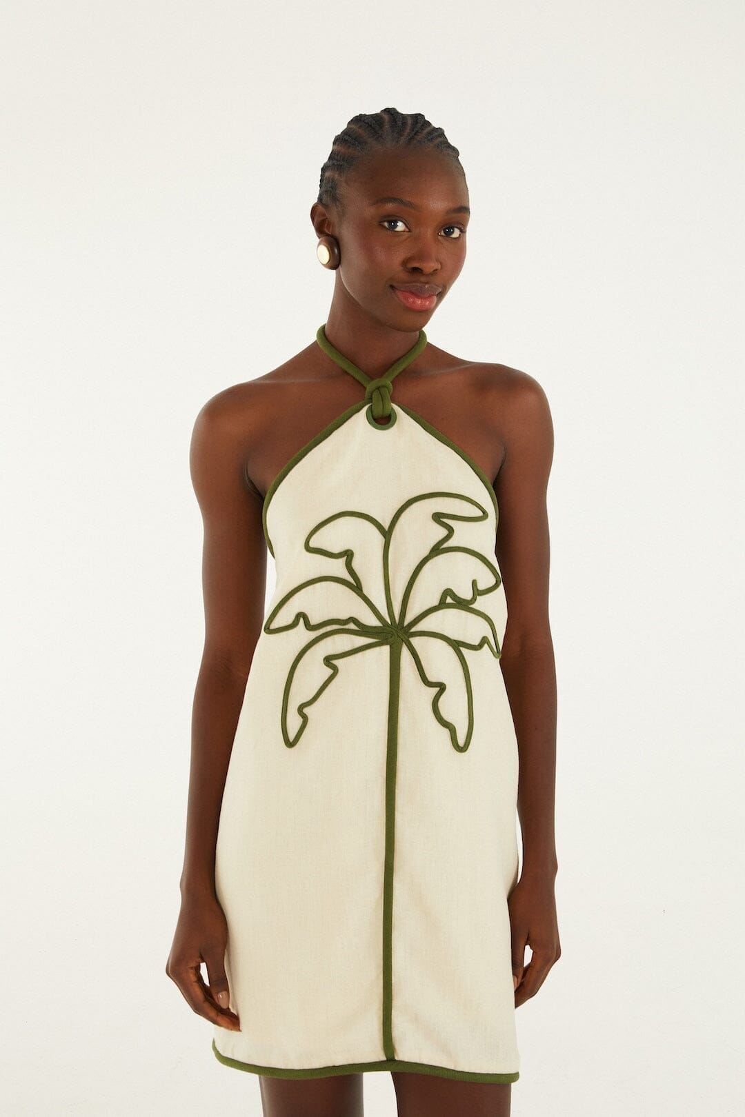 SAND COCONUT EMBROIDERY HALTER NECK LINEN MINI DRESS