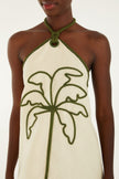 SAND COCONUT EMBROIDERY HALTER NECK LINEN MINI DRESS