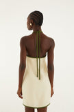 SAND COCONUT EMBROIDERY HALTER NECK LINEN MINI DRESS