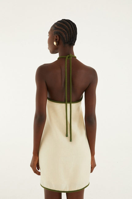SAND COCONUT EMBROIDERY HALTER NECK LINEN MINI DRESS