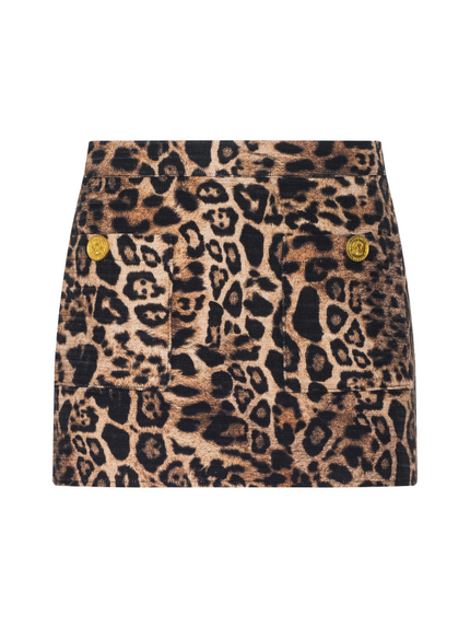 CYRA LOW RISE MINI SKIRT IN BROWN MULTI PATCH LEOPARD