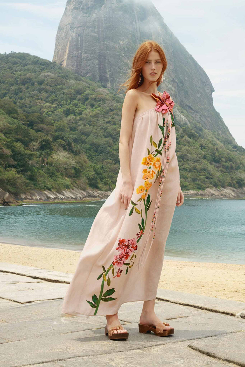 PINK GARDEN TERRACE 3D ONE SHOULDER MAXI DRESS