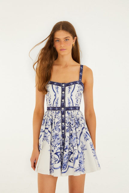 OFF WHITE PORCELAIN GARDEN BUTTONED MINI DRESS