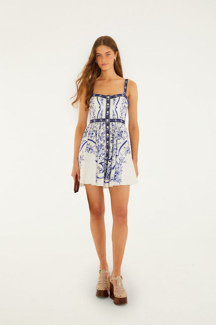 OFF WHITE PORCELAIN GARDEN BUTTONED MINI DRESS