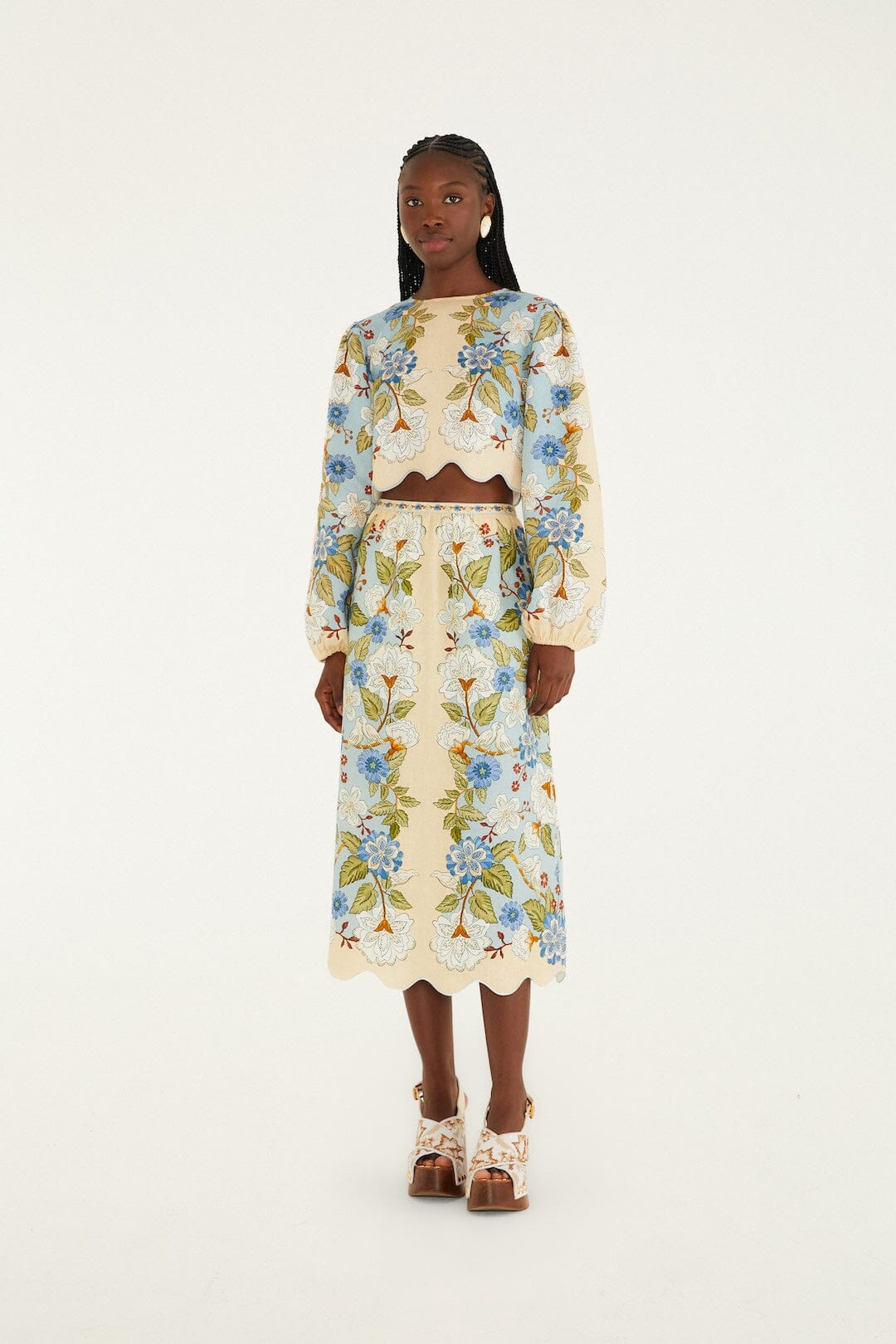 CREAM GARDEN SCARF PREMIUM LINEN MIDI SKIRT