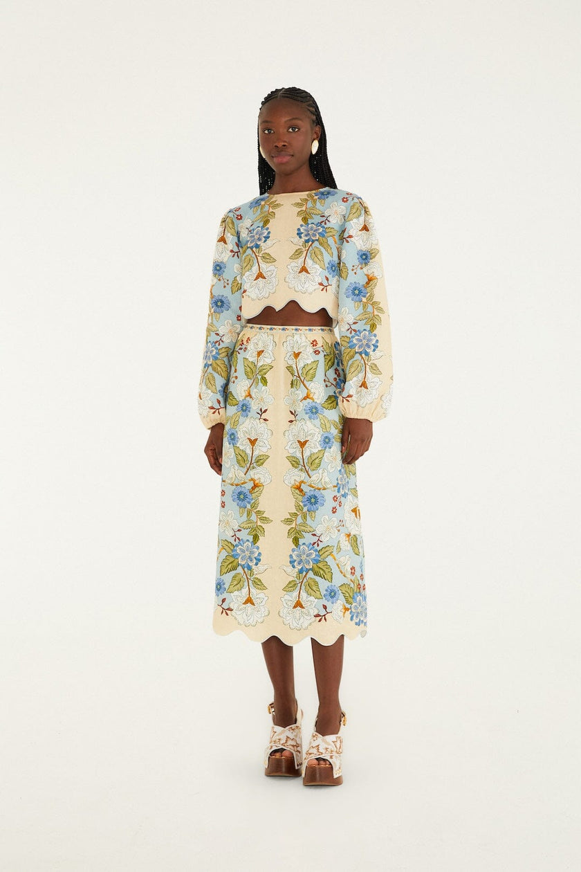 CREAM GARDEN SCARF PREMIUM LINEN MIDI SKIRT