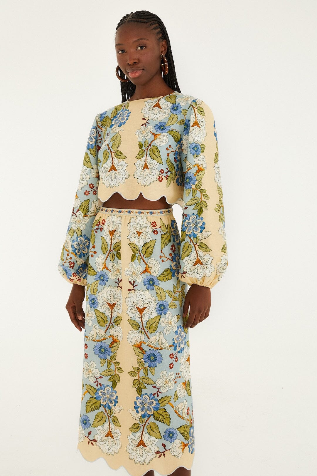 CREAM GARDEN SCARF PREMIUM LINEN MIDI SKIRT
