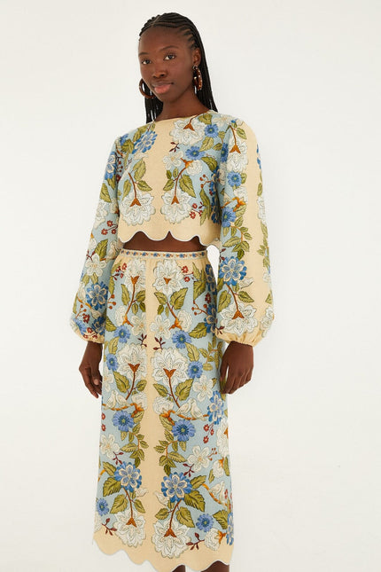 CREAM GARDEN SCARF PREMIUM LINEN MIDI SKIRT