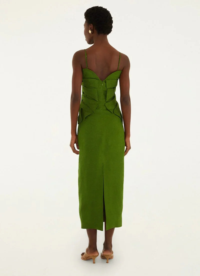 GREEN MONSTERA LEAF SLEEVELESS MAXI DRESS