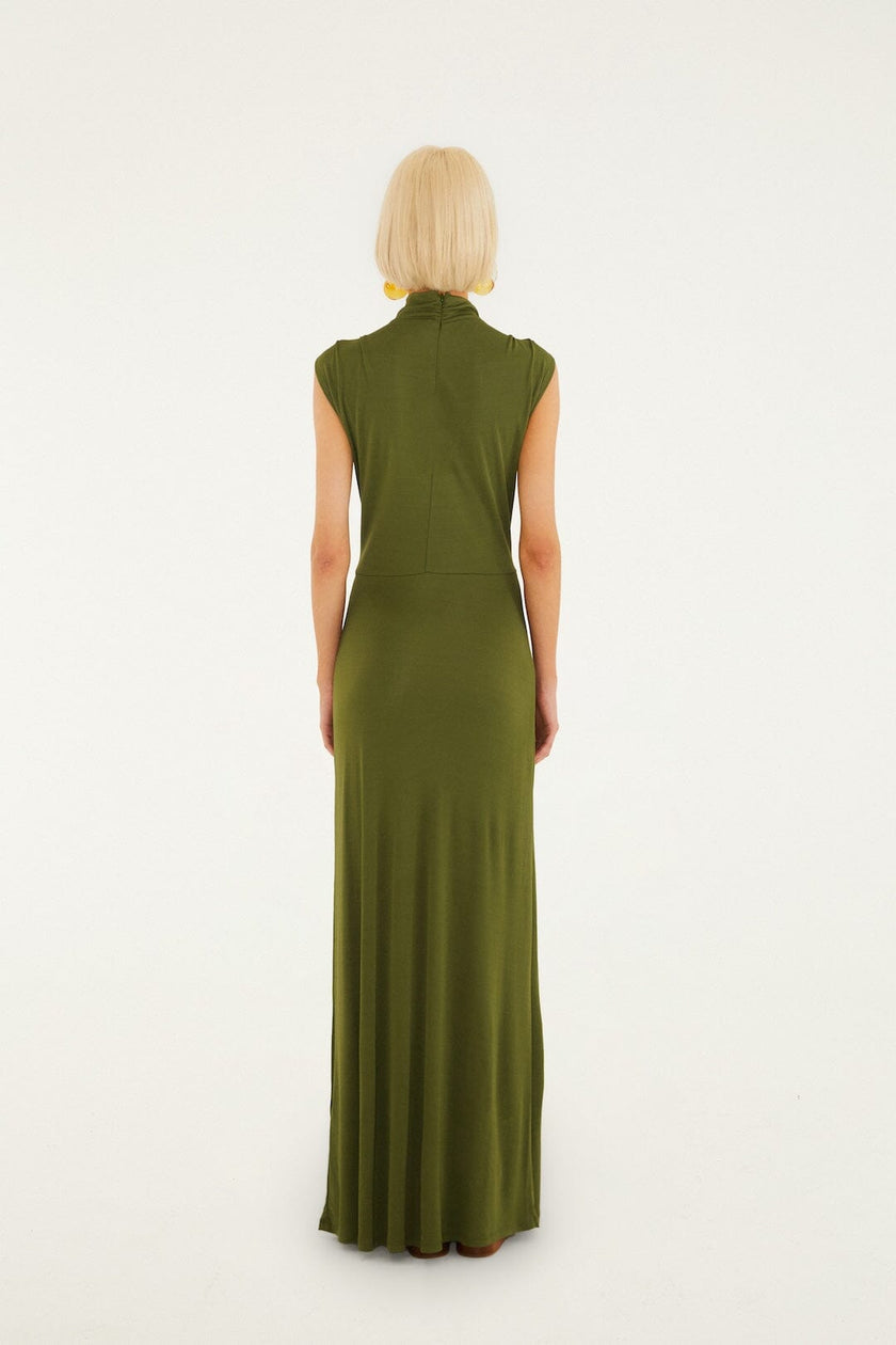DARK GREEN HIGH NECK CUT OUT MAXI DRESS