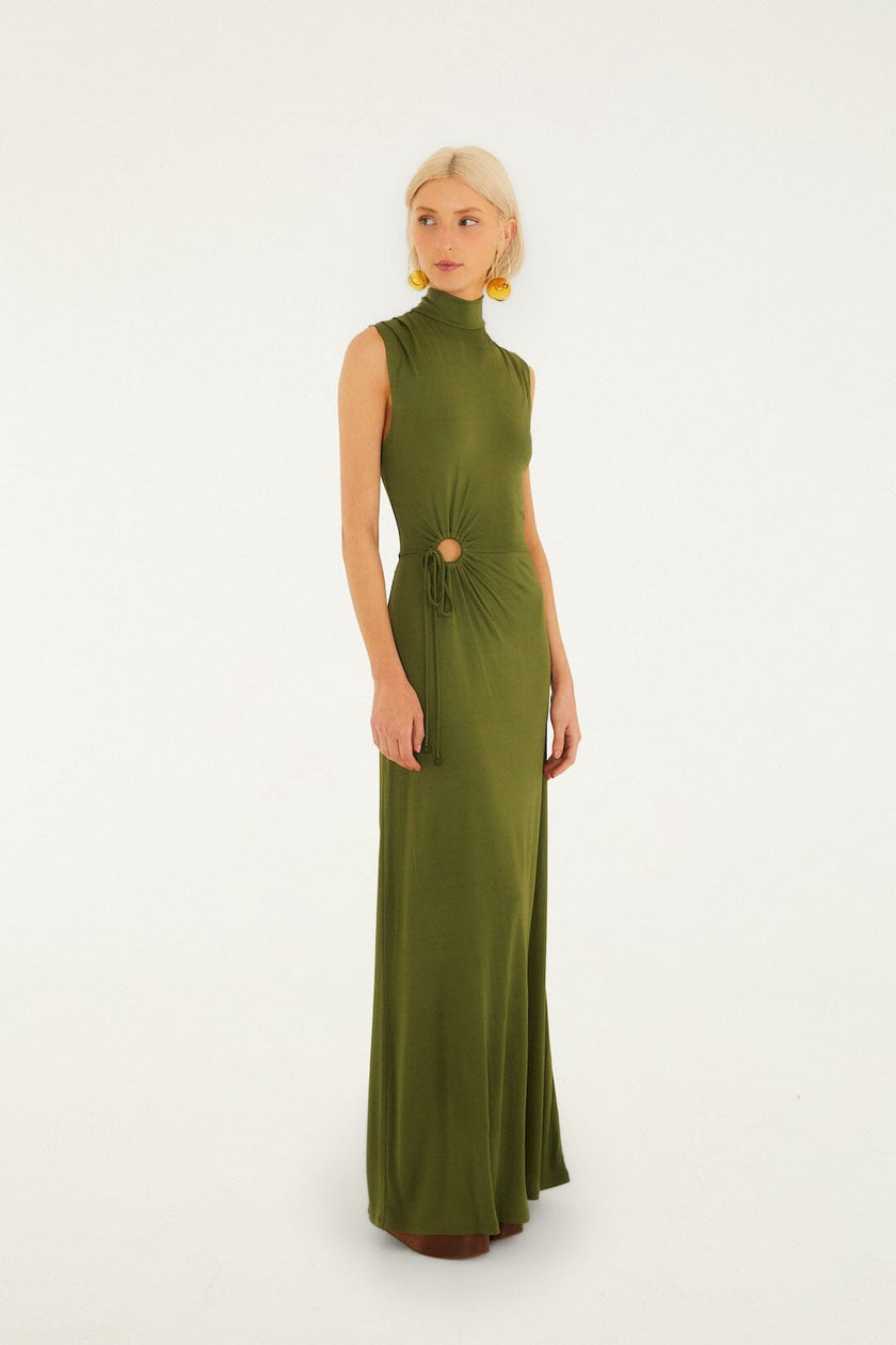 DARK GREEN HIGH NECK CUT OUT MAXI DRESS