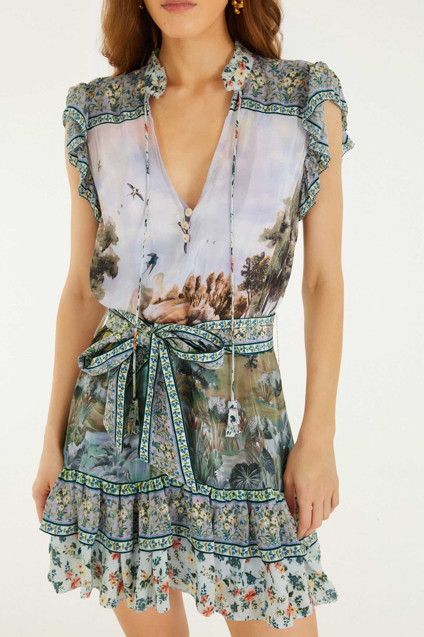 MULTICOLOR COUNTRYSIDE LANDSCAPE BELTED RUFFLED MINI DRESS