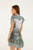 MULTICOLOR COUNTRYSIDE LANDSCAPE BELTED RUFFLED MINI DRESS