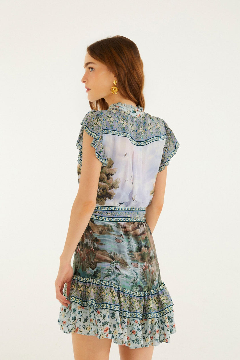 MULTICOLOR COUNTRYSIDE LANDSCAPE BELTED RUFFLED MINI DRESS