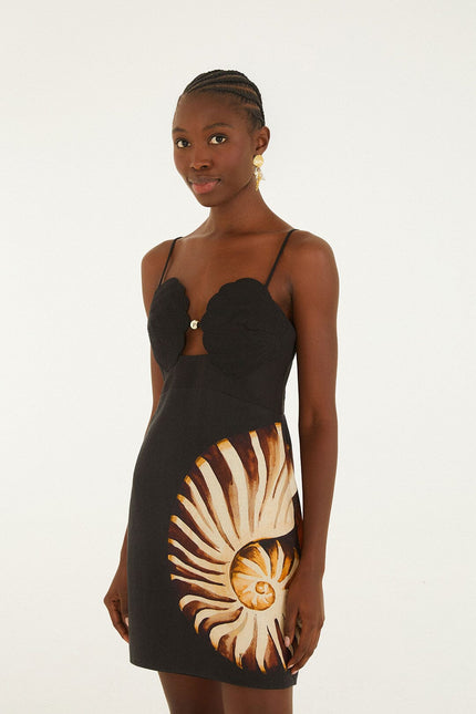 BLACK AMMONITE SHELL BODICE CUT OUT MINI DRESS