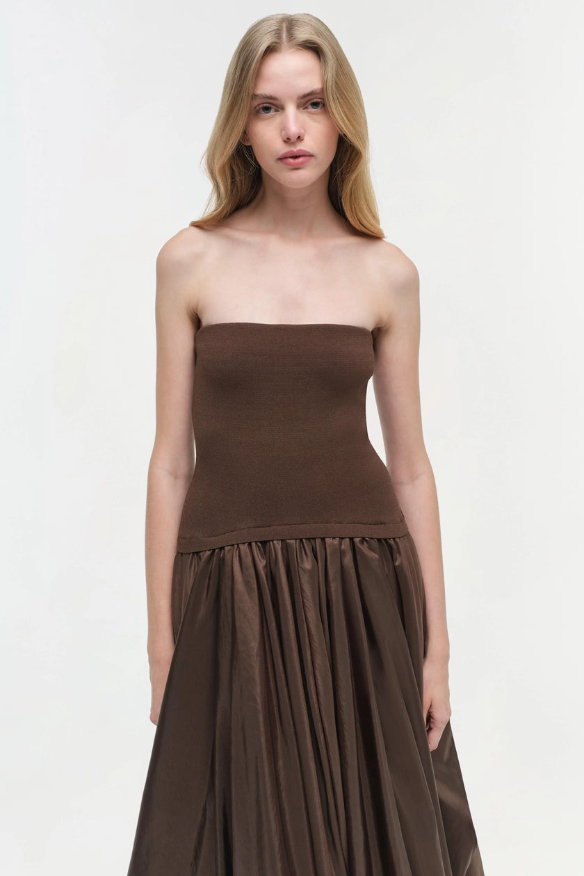 IZZY STRAPLESS TAFFETA MIDI DRESS