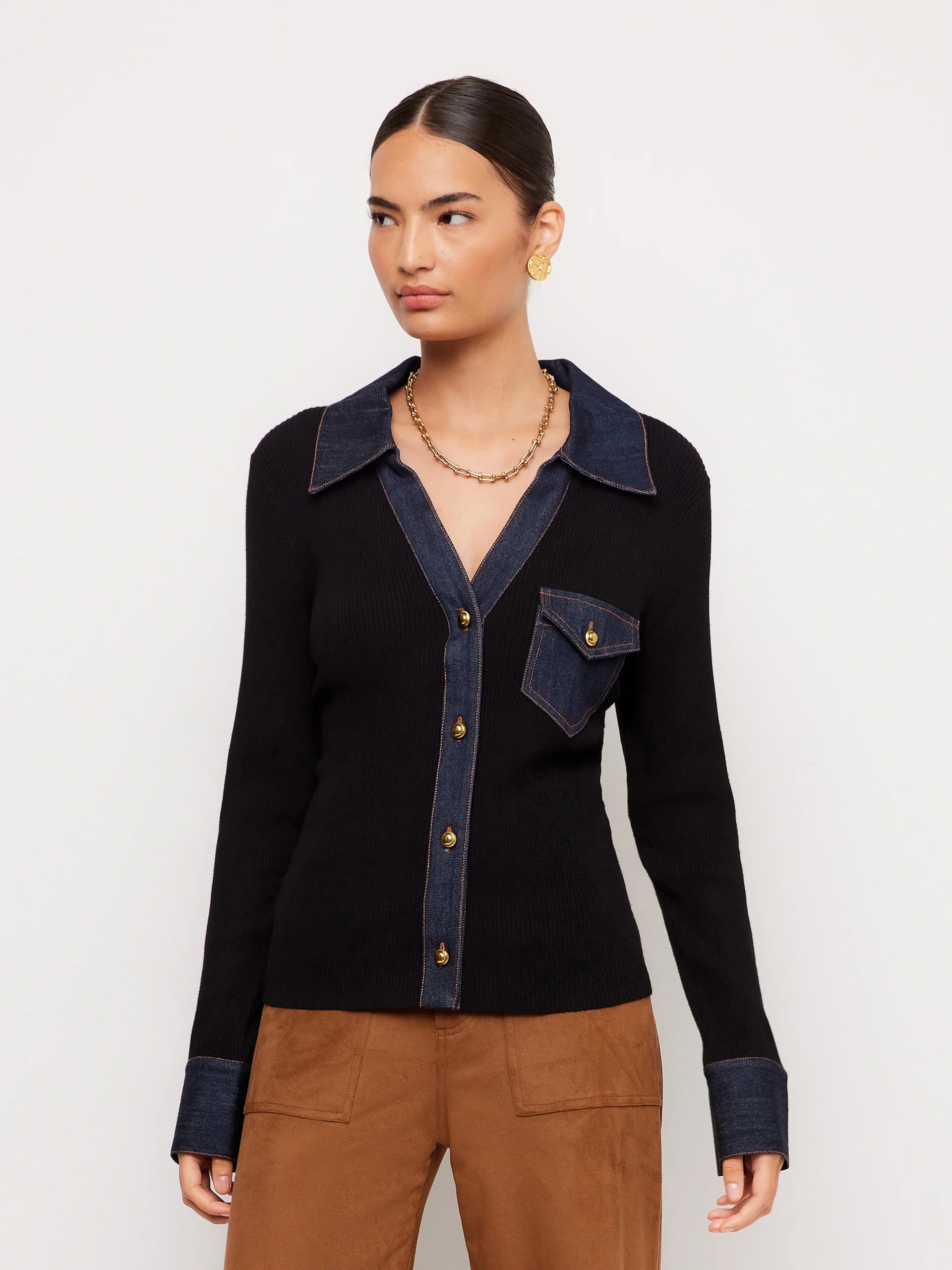 DENIM SWEATER BUTTON UP TOP