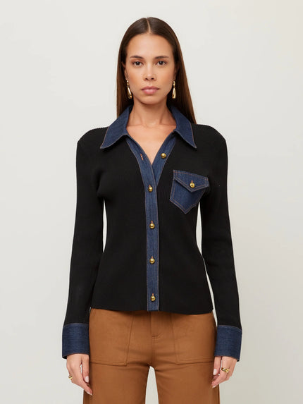 DENIM SWEATER BUTTON UP TOP