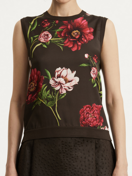 PEONY PRINT SILK TWILL INSET TANK