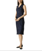 Woman wearing a navy blue dress on a white background