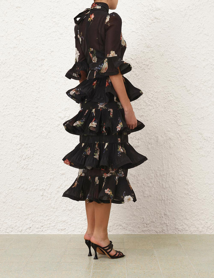 PLEATED SLEEVED MIDI DRESS IN BLACK BIRD PRINT