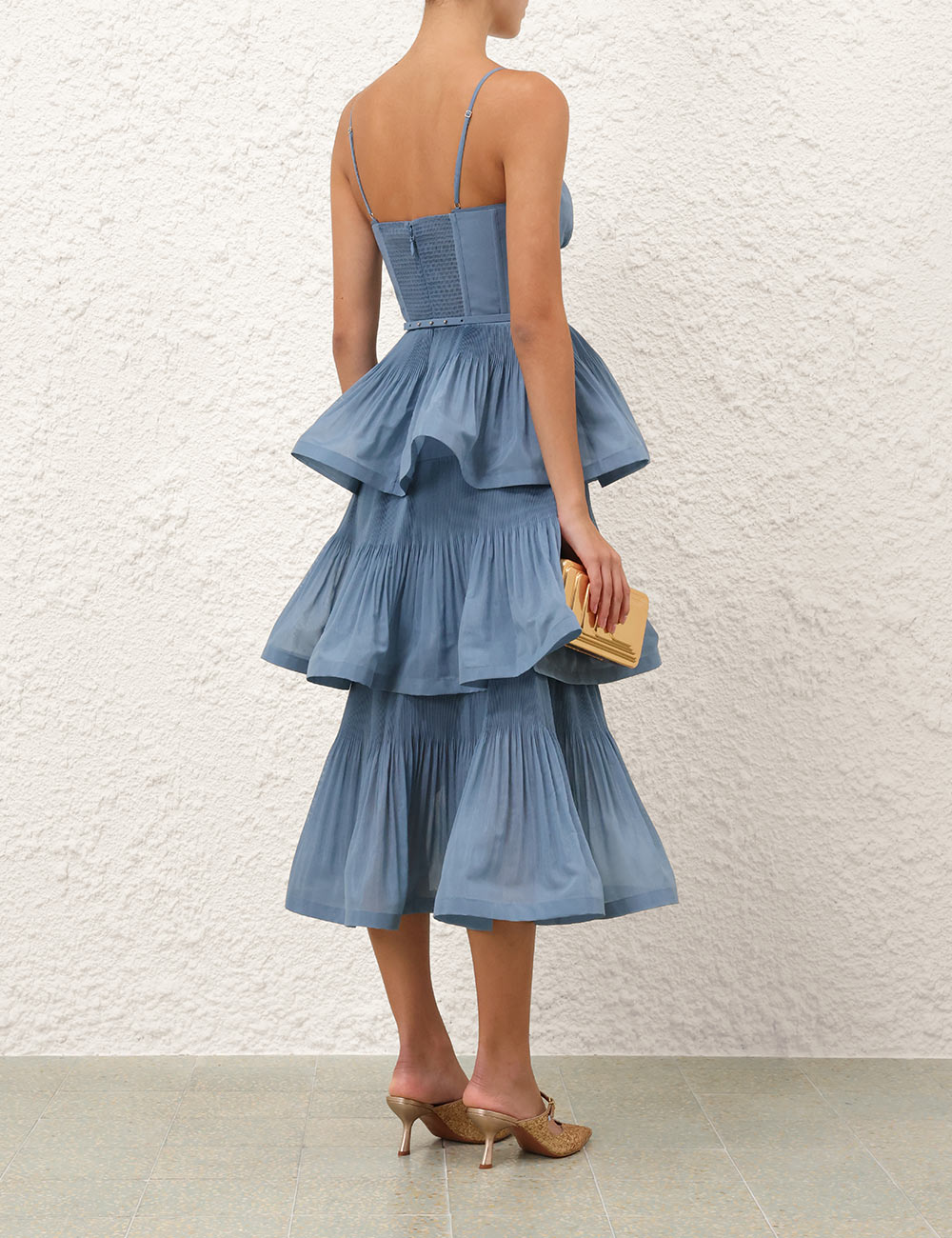 PLEATED TIERED MIDI DRESS IN DEEP BLUE