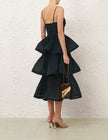 PLEATED TIERED MIDI DRESS IN BOTTLE GREEN