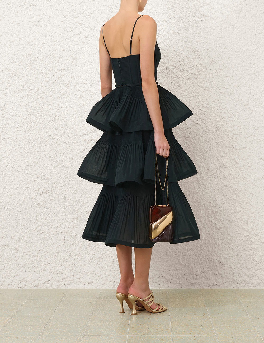 PLEATED TIERED MIDI DRESS IN BOTTLE GREEN