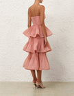 PLEATED TIERED MIDI DRESS IN DUSTY PINK