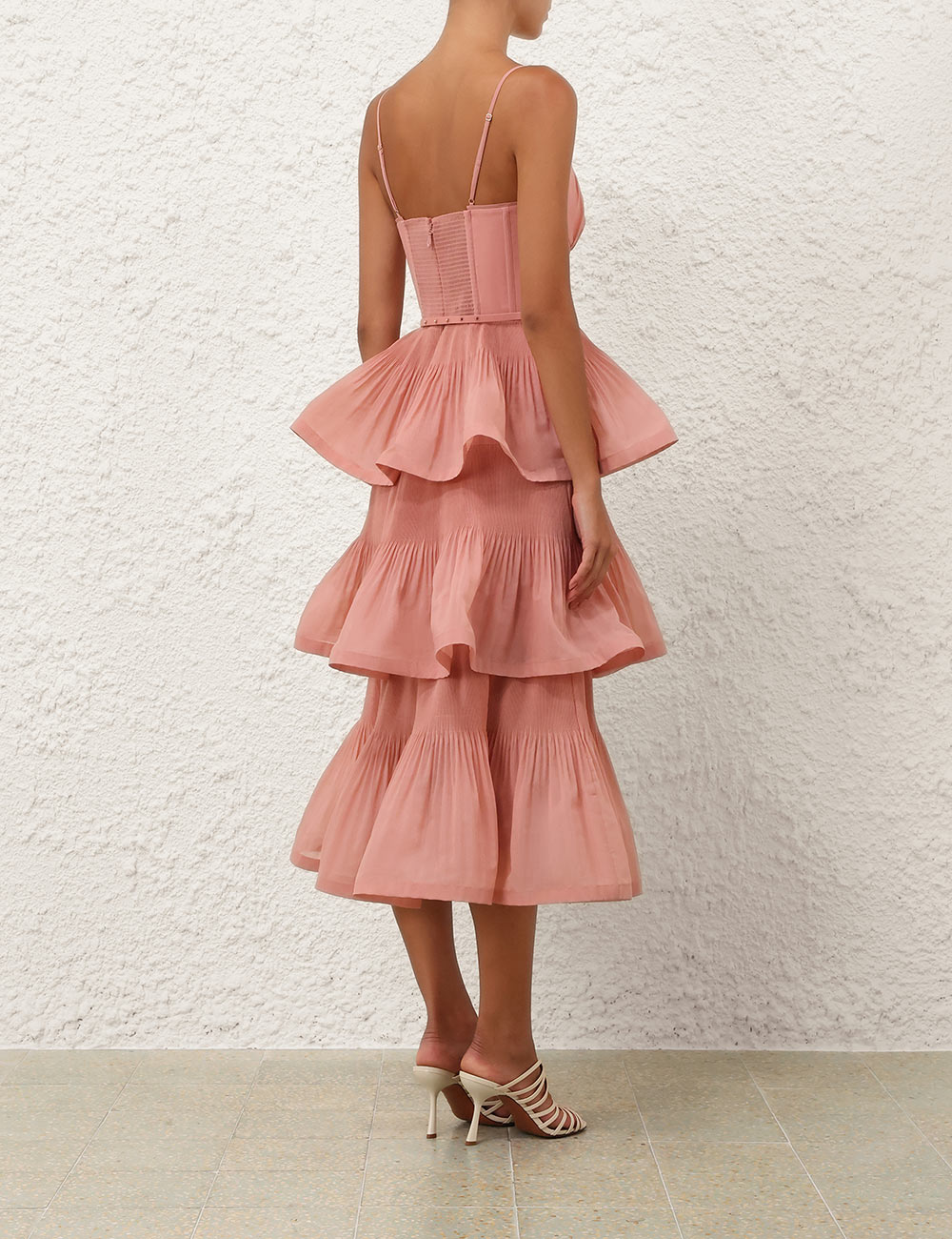 PLEATED TIERED MIDI DRESS IN DUSTY PINK
