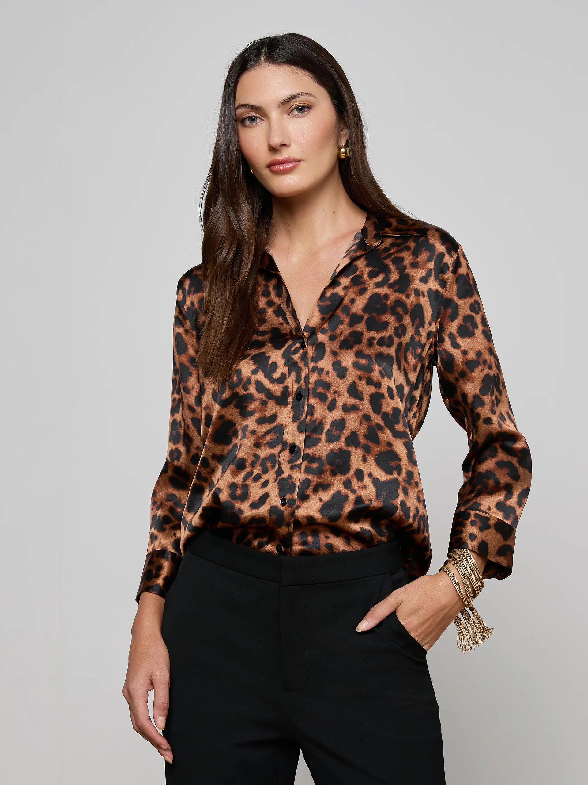 DANI SILK BLOUSE IN BROWN MULTI AMUR LEOPARD