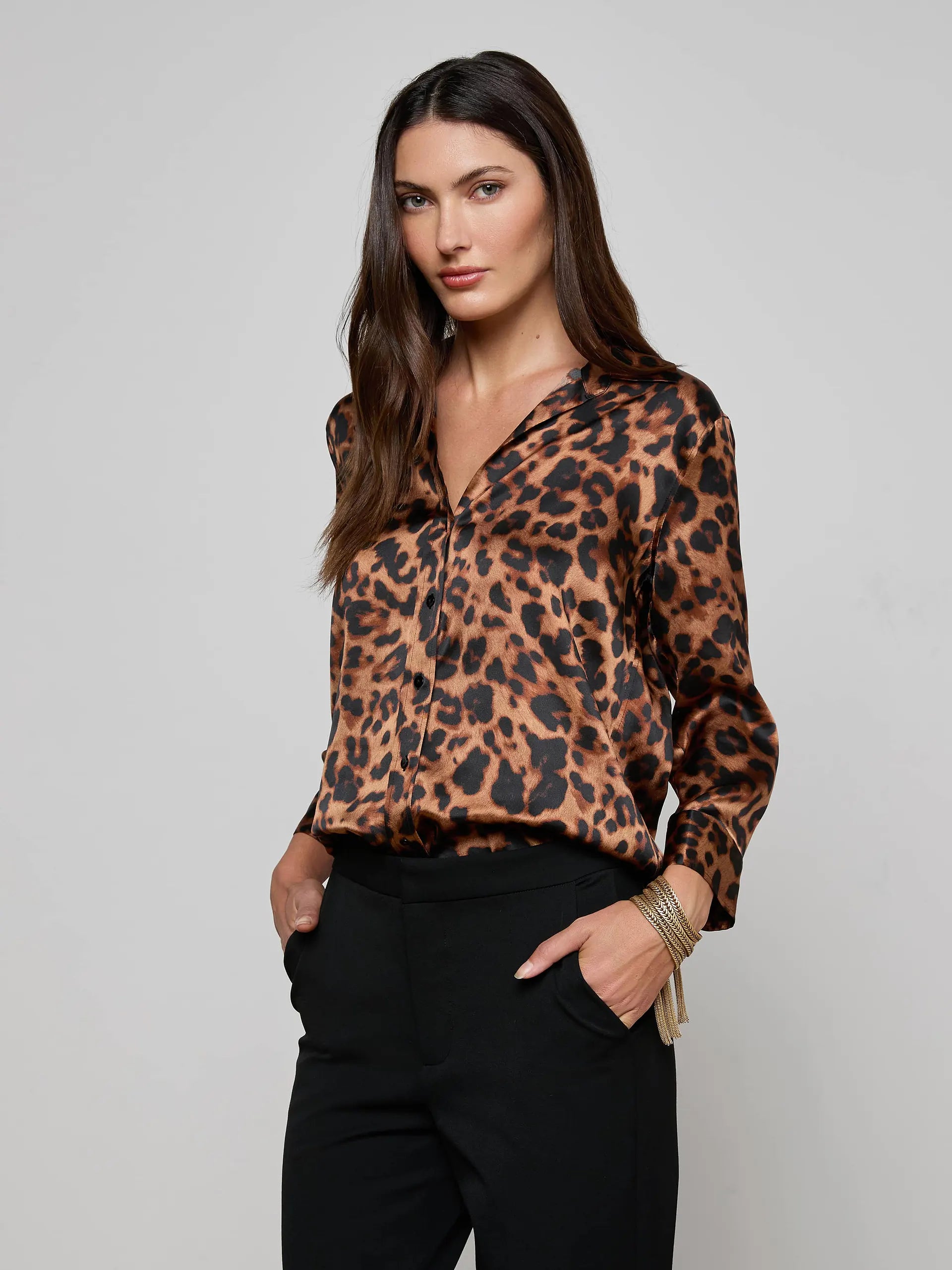 DANI SILK BLOUSE IN BROWN MULTI AMUR LEOPARD