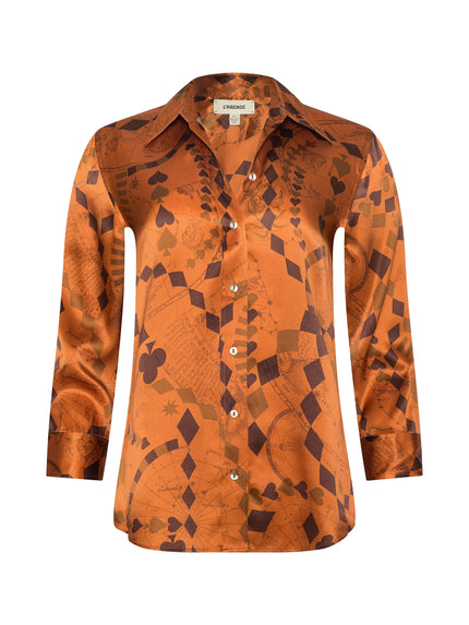 DANI SILK BLOUSE IN AMBER BROWN PLAYING CARD GEO