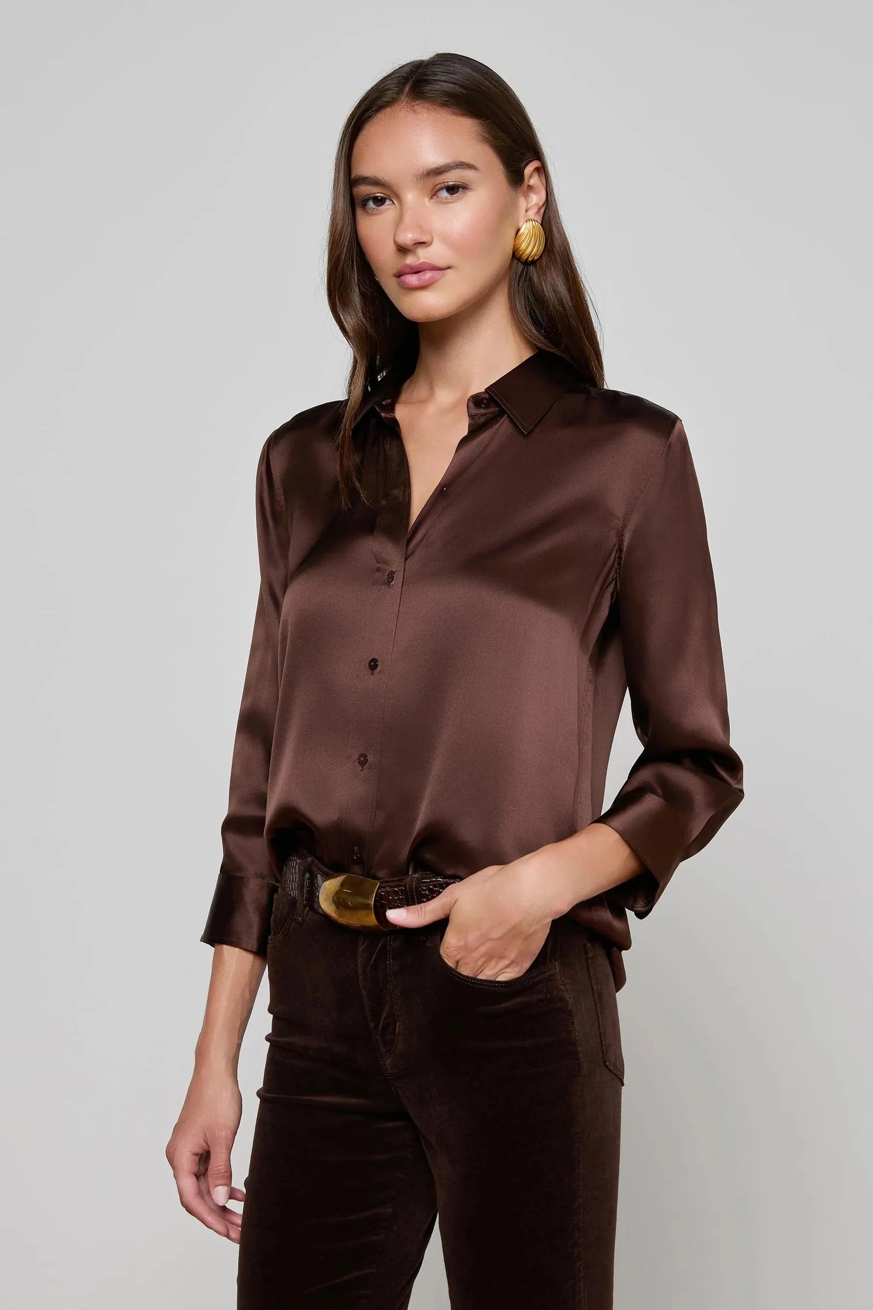 DANI SILK BLOUSE IN COFFEE BROWN