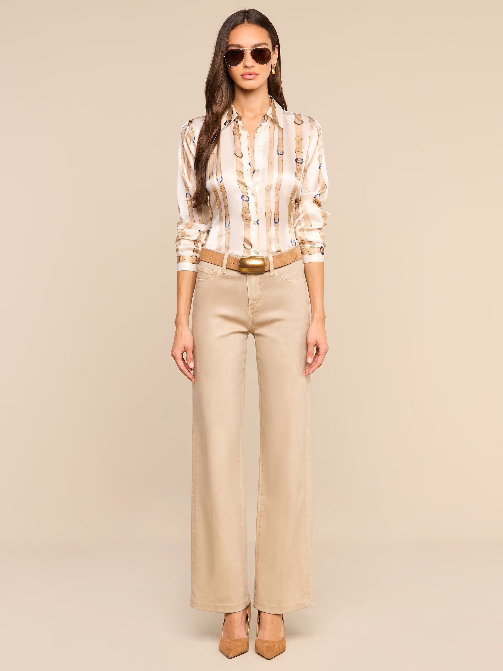 TYLER SILK BLOUSE IN ECRU MULTI STUD BELT STRIPE
