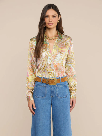 TYLER SILK BLOUSE IN GREEN MULTI CLUSTER PAISLEY