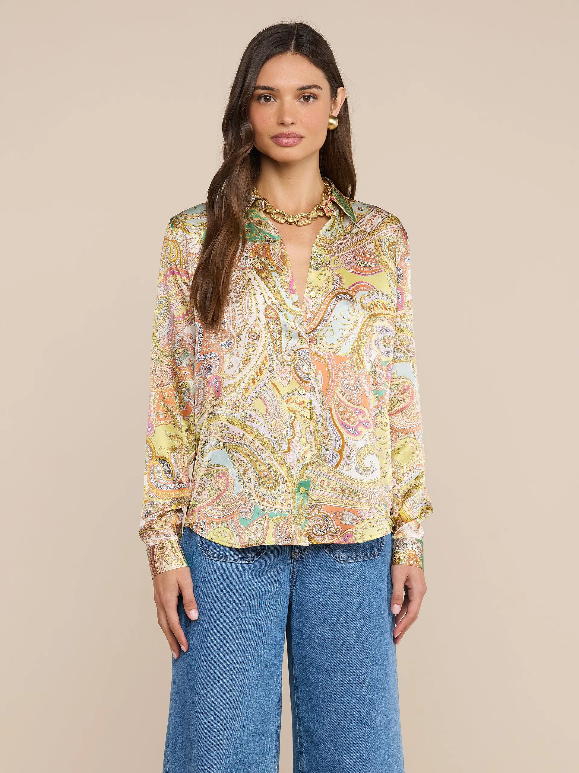 TYLER SILK BLOUSE IN GREEN MULTI CLUSTER PAISLEY