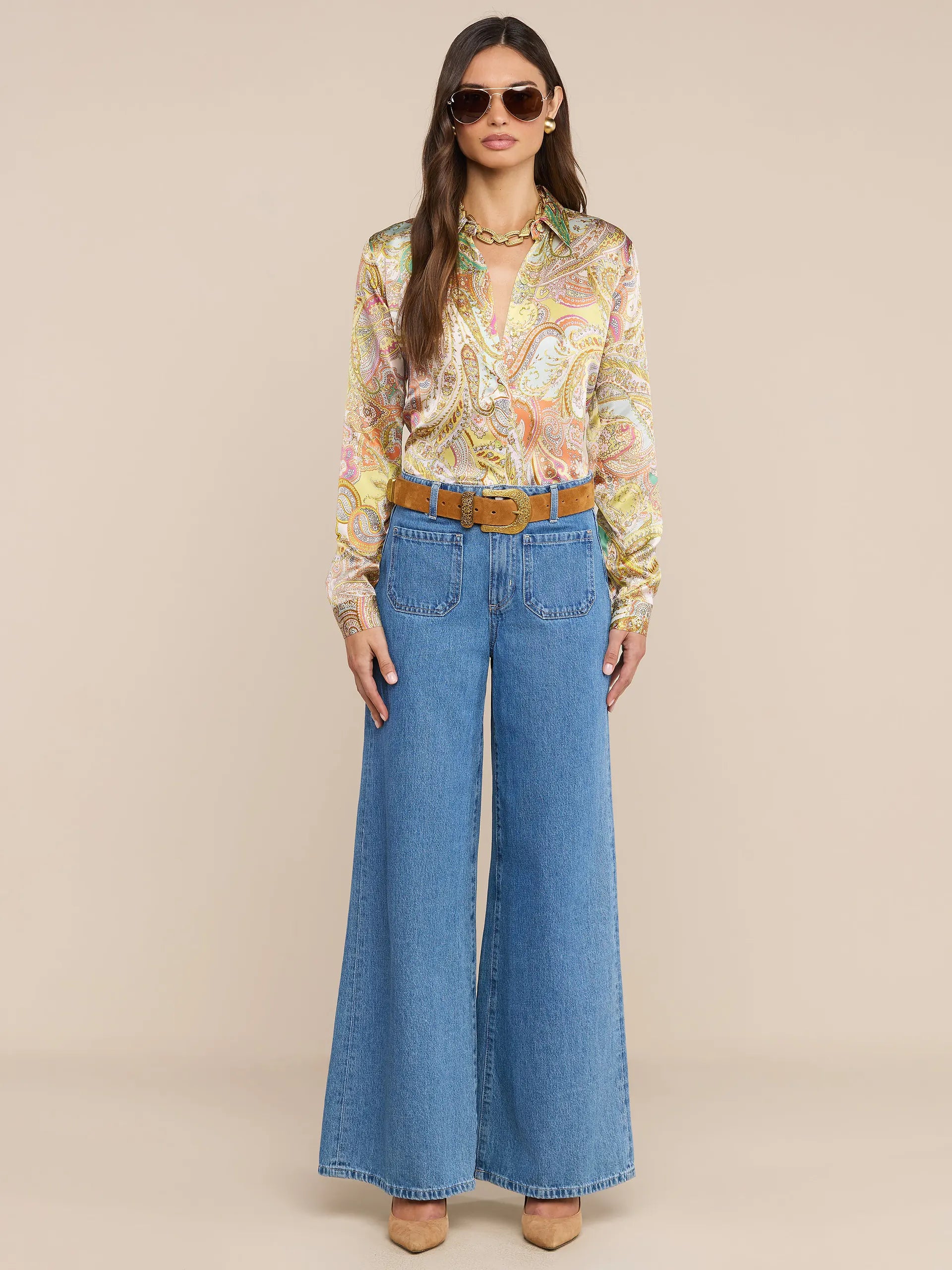 TYLER SILK BLOUSE IN GREEN MULTI CLUSTER PAISLEY