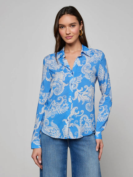 HOLLY BLOUSE IN REGATTA BLUE AND IVORY PAISLEY