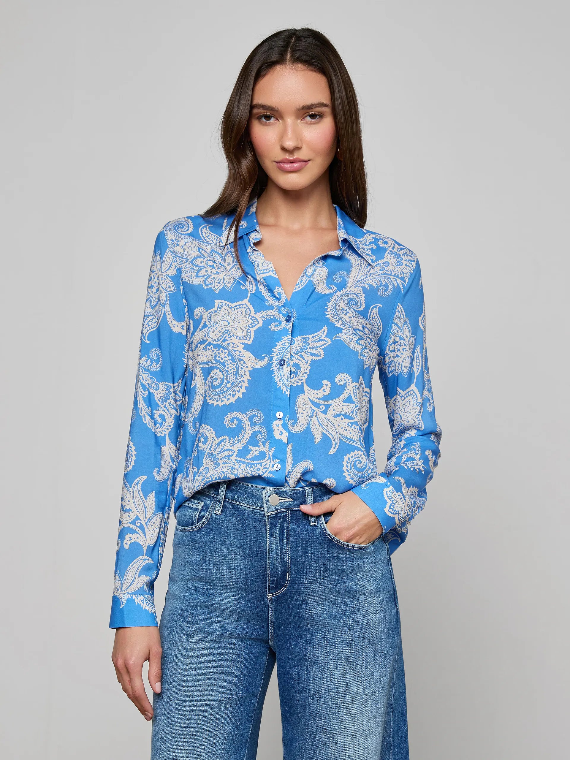 HOLLY BLOUSE IN REGATTA BLUE AND IVORY PAISLEY