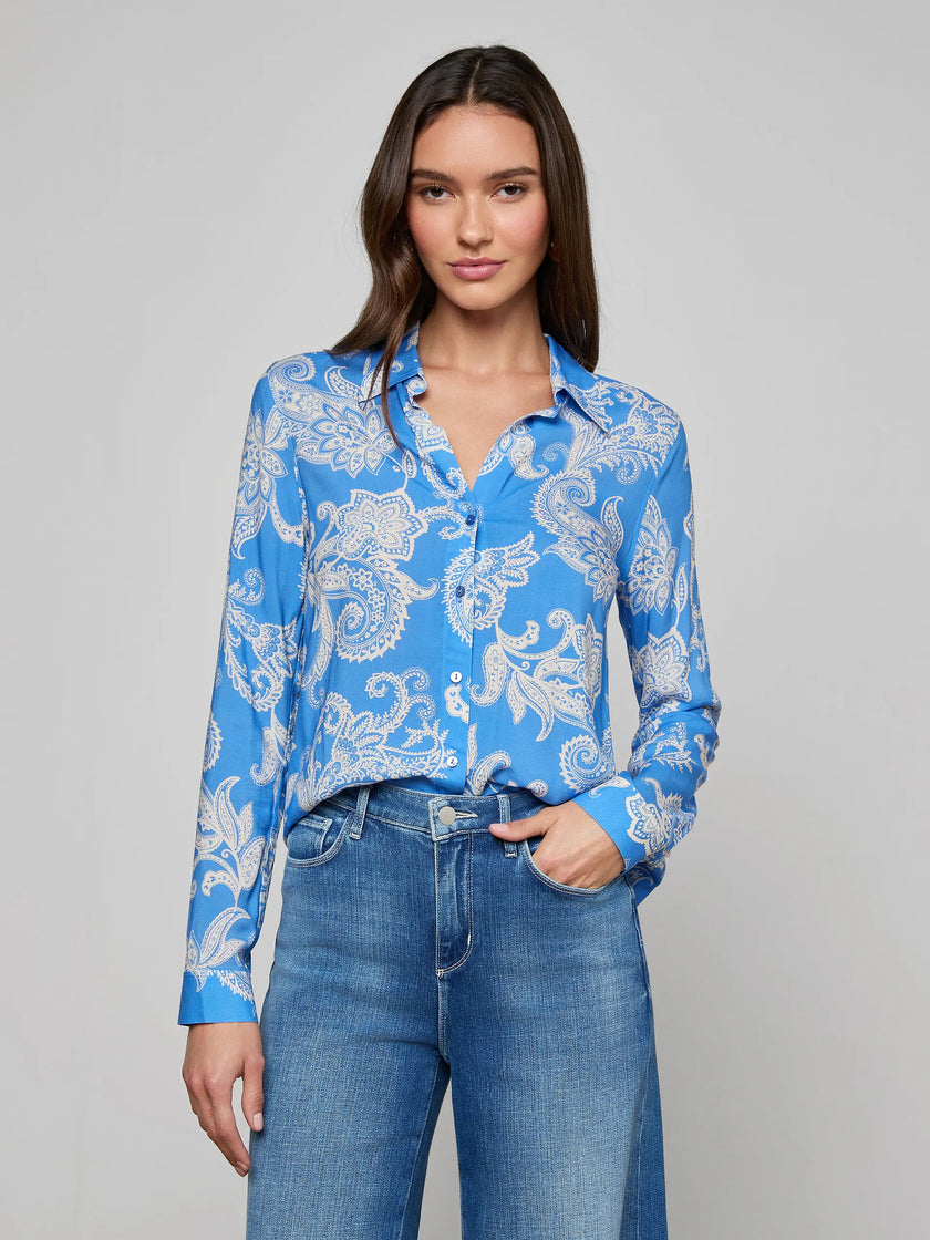HOLLY BLOUSE IN REGATTA BLUE AND IVORY PAISLEY