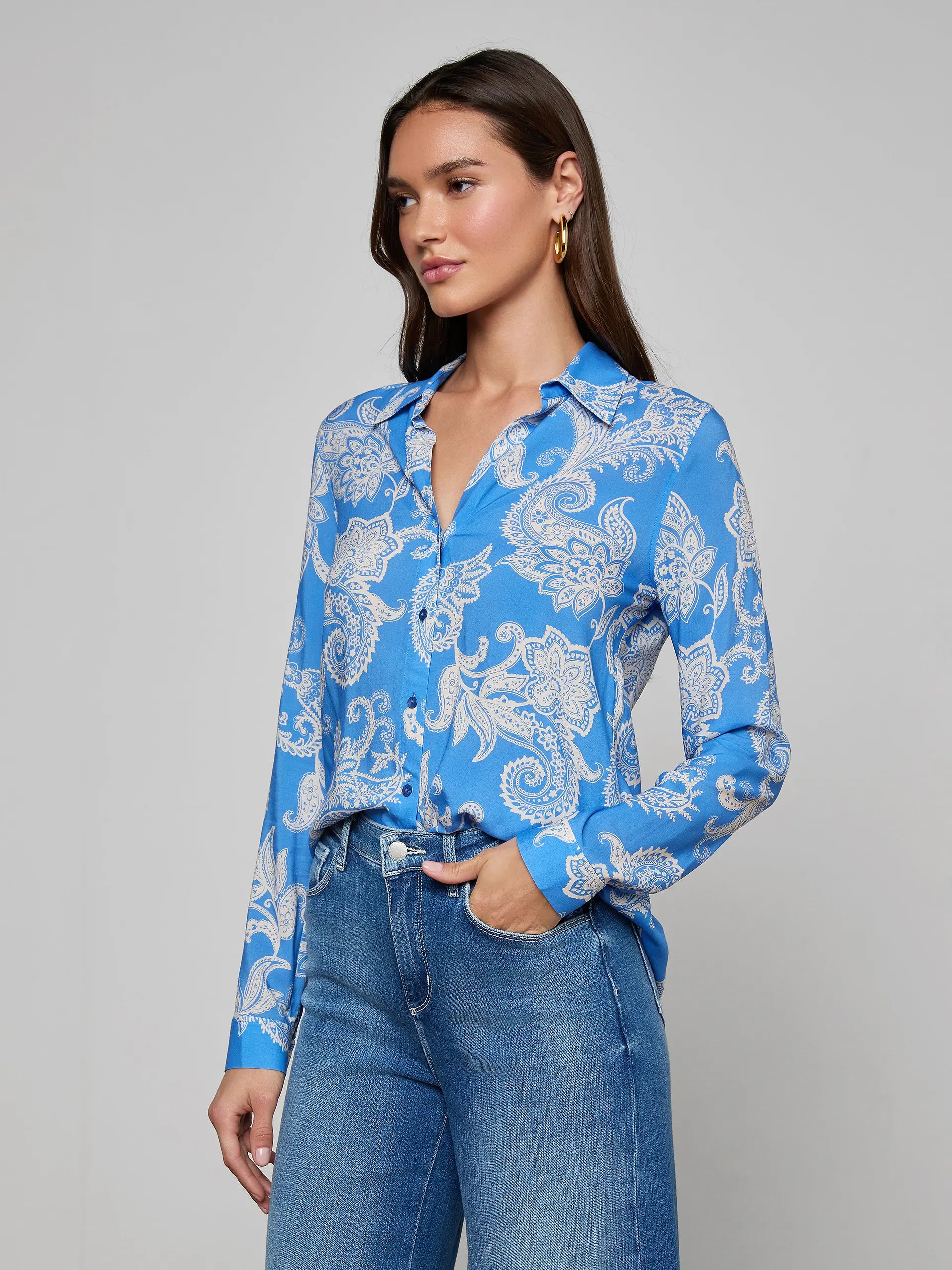 HOLLY BLOUSE IN REGATTA BLUE AND IVORY PAISLEY
