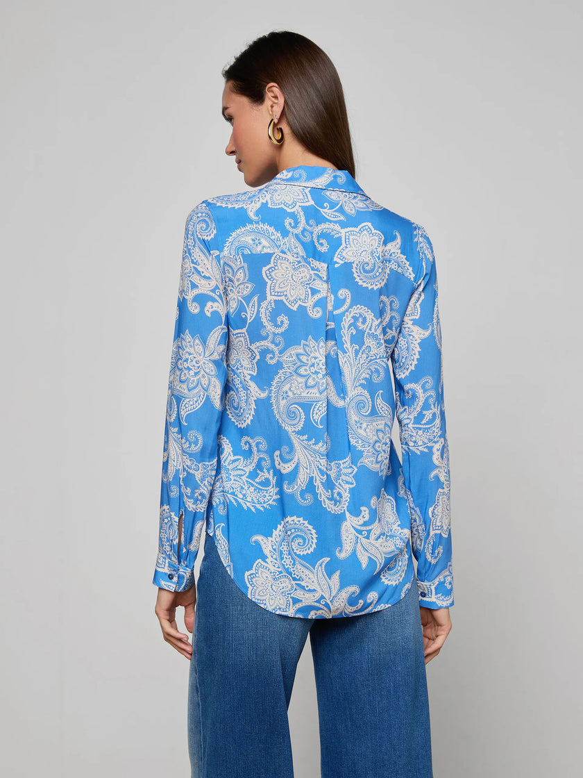 HOLLY BLOUSE IN REGATTA BLUE AND IVORY PAISLEY